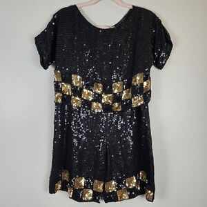 Vtg Sequin‎ Shorts Shirt Blouse Set Black Gold Short Sleeve Small 2 pc.D102